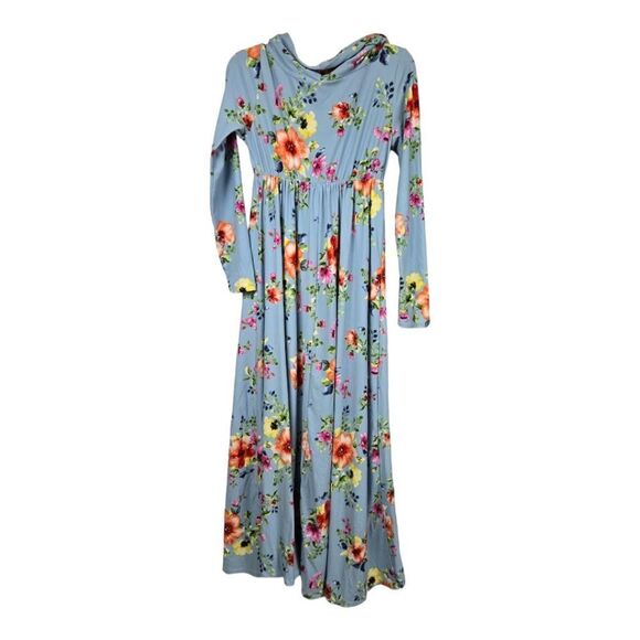 Maternity Maxi Dress Blue Floral Off Shoulder Strapless Empire Waist Long Sleeve - Picture 8 of 11